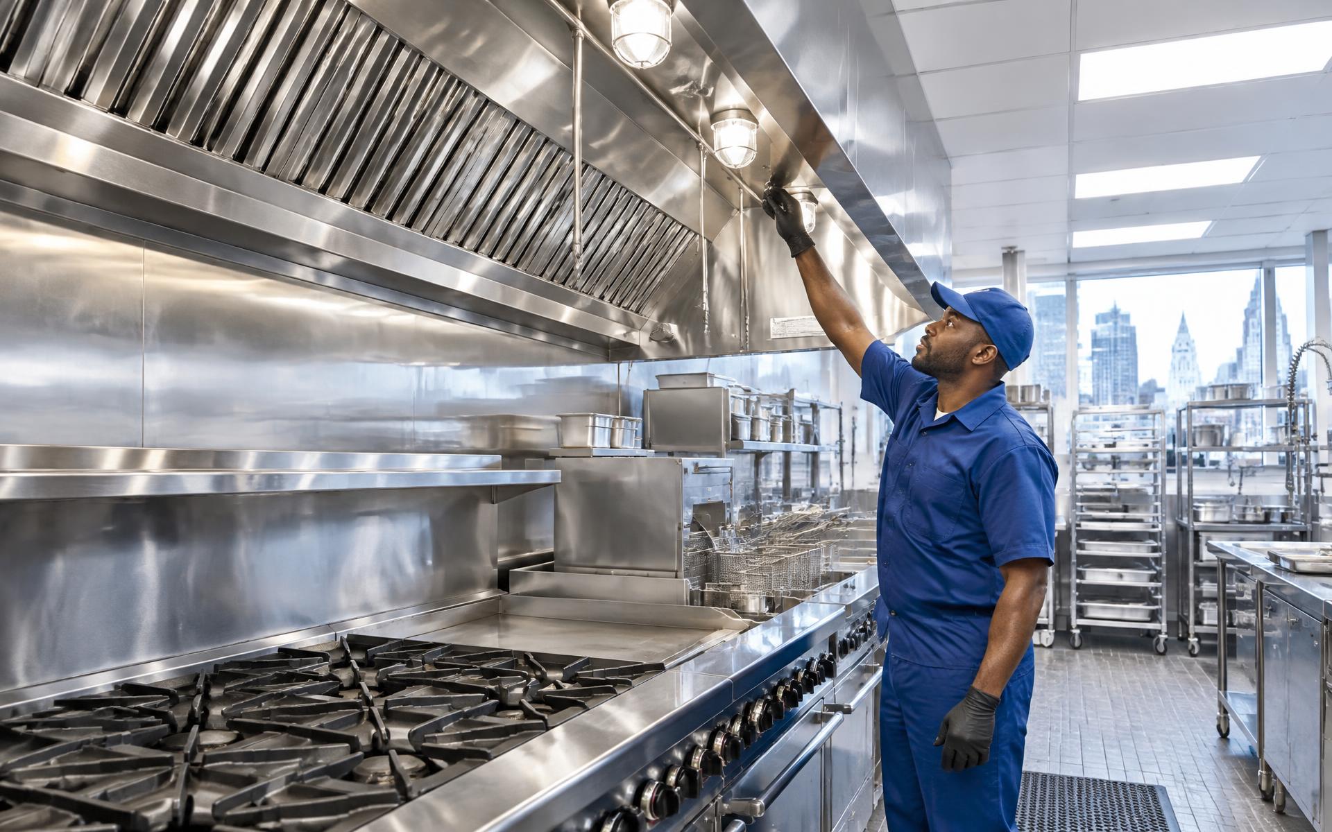 RCS technician inspecting a pristine commercial kitchen hood